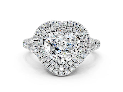 White gold Double Halo Heart Cut Moissanite Split Shank Engagement Ring with Four-Prong Setting
