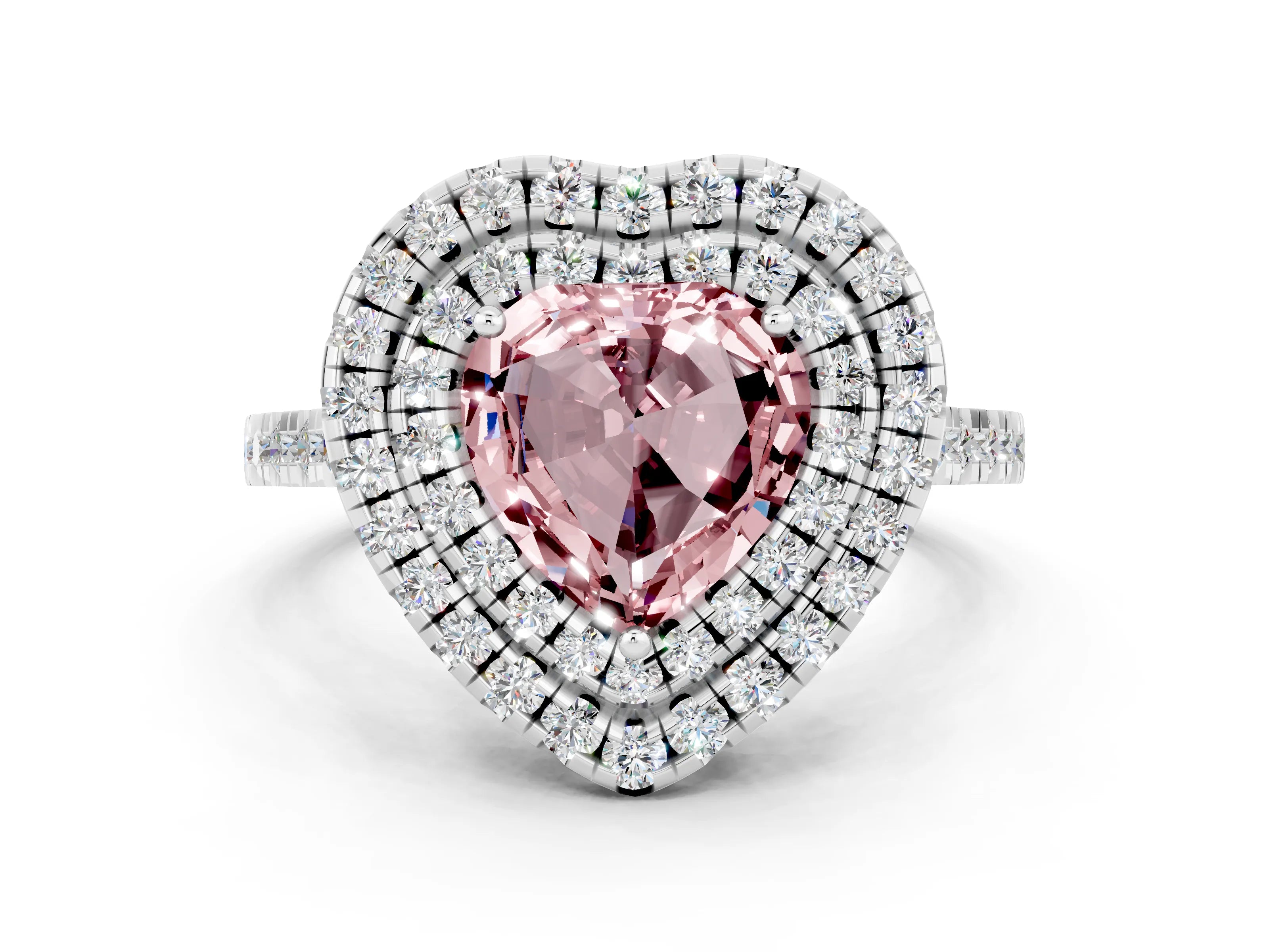 White gold Double Halo Heart Cut Morganite Pavé Band with Four-Prong Setting