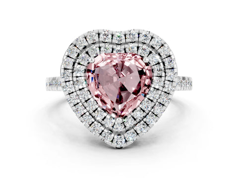 White gold Double Halo Heart Cut Morganite Pavé Band with Four-Prong Setting