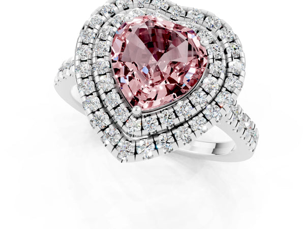 White gold Double Halo Heart Cut Morganite Pavé Band with Four-Prong Setting