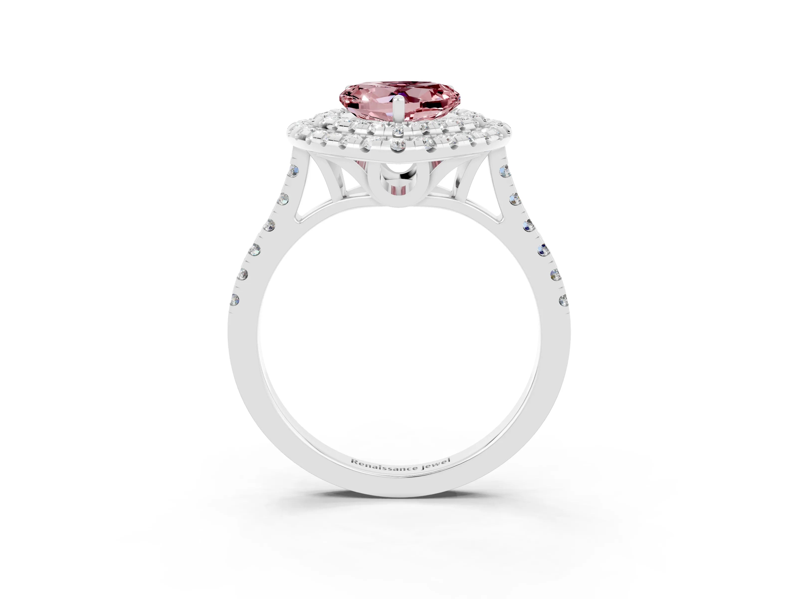White gold Double Halo Heart Cut Morganite Pavé Band with Four-Prong Setting_3