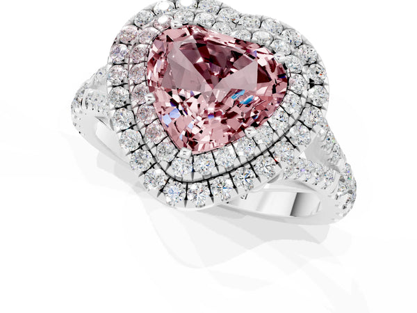 Silver Double Halo Heart Cut Morganite Pavé Split Shank Ring with Prong Setting