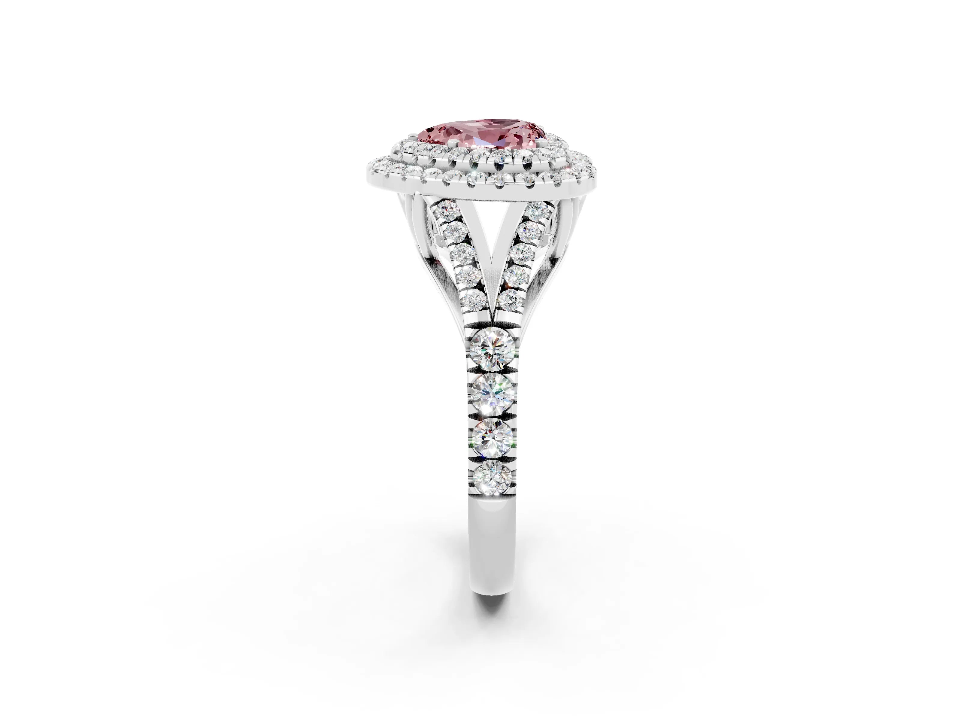 White gold Double Halo Heart Cut Morganite Pavé Split Shank Ring with Prong Setting_2