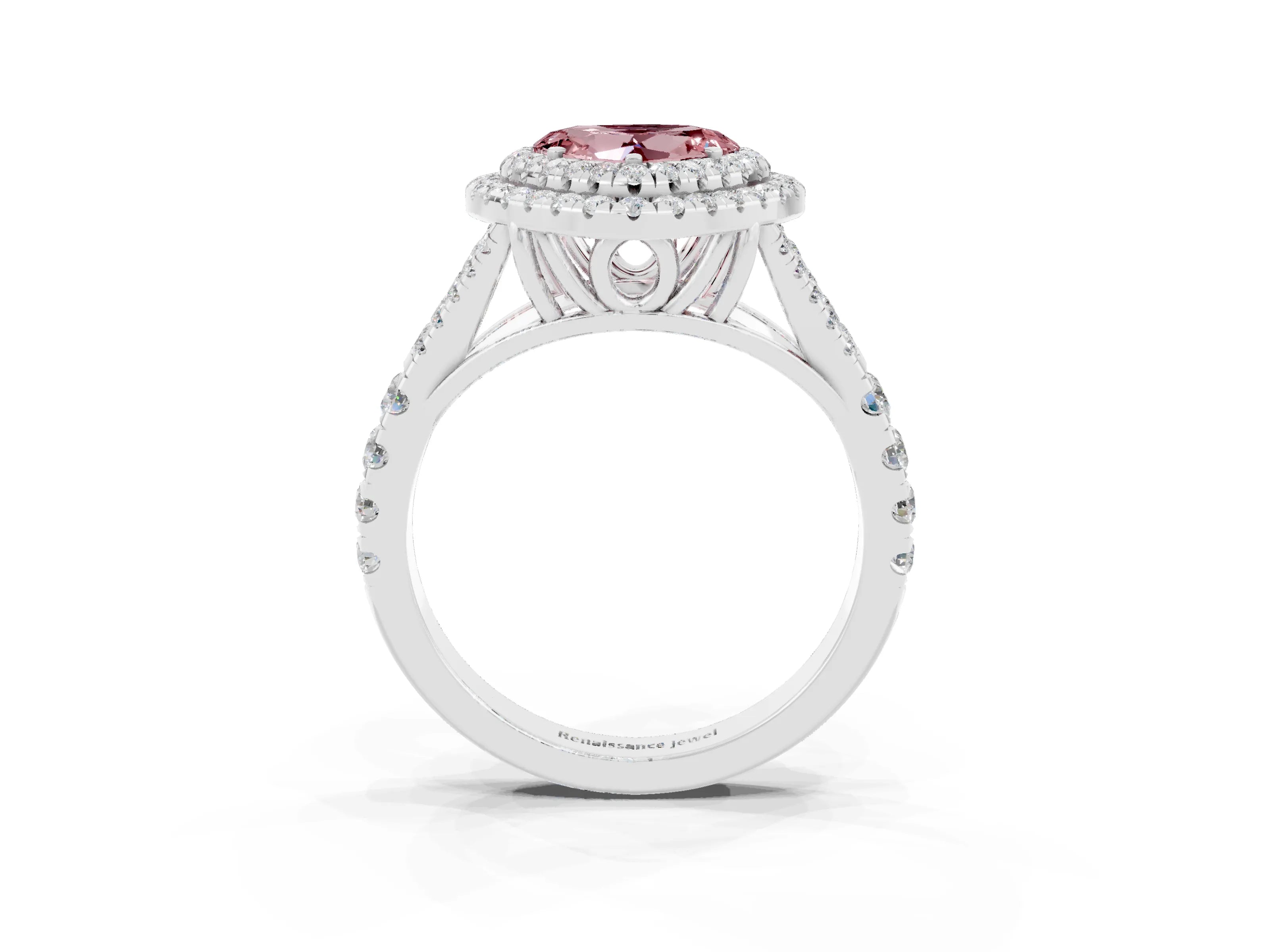 White gold Double Halo Heart Cut Morganite Pavé Split Shank Ring with Prong Setting_3