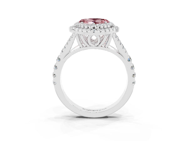 Silver Double Halo Heart Cut Morganite Pavé Split Shank Ring with Prong Setting