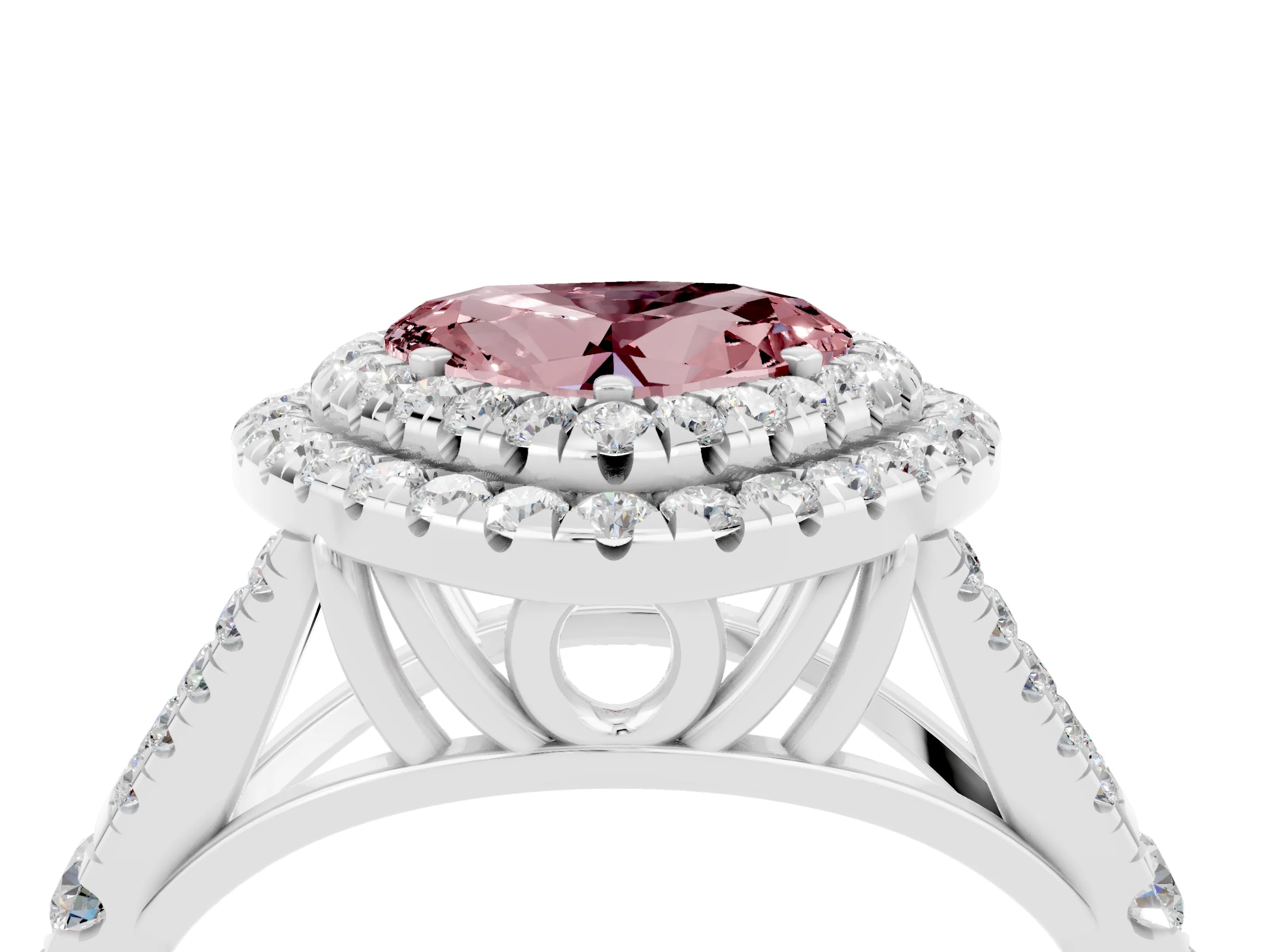 White gold Double Halo Heart Cut Morganite Pavé Split Shank Ring with Prong Setting_4