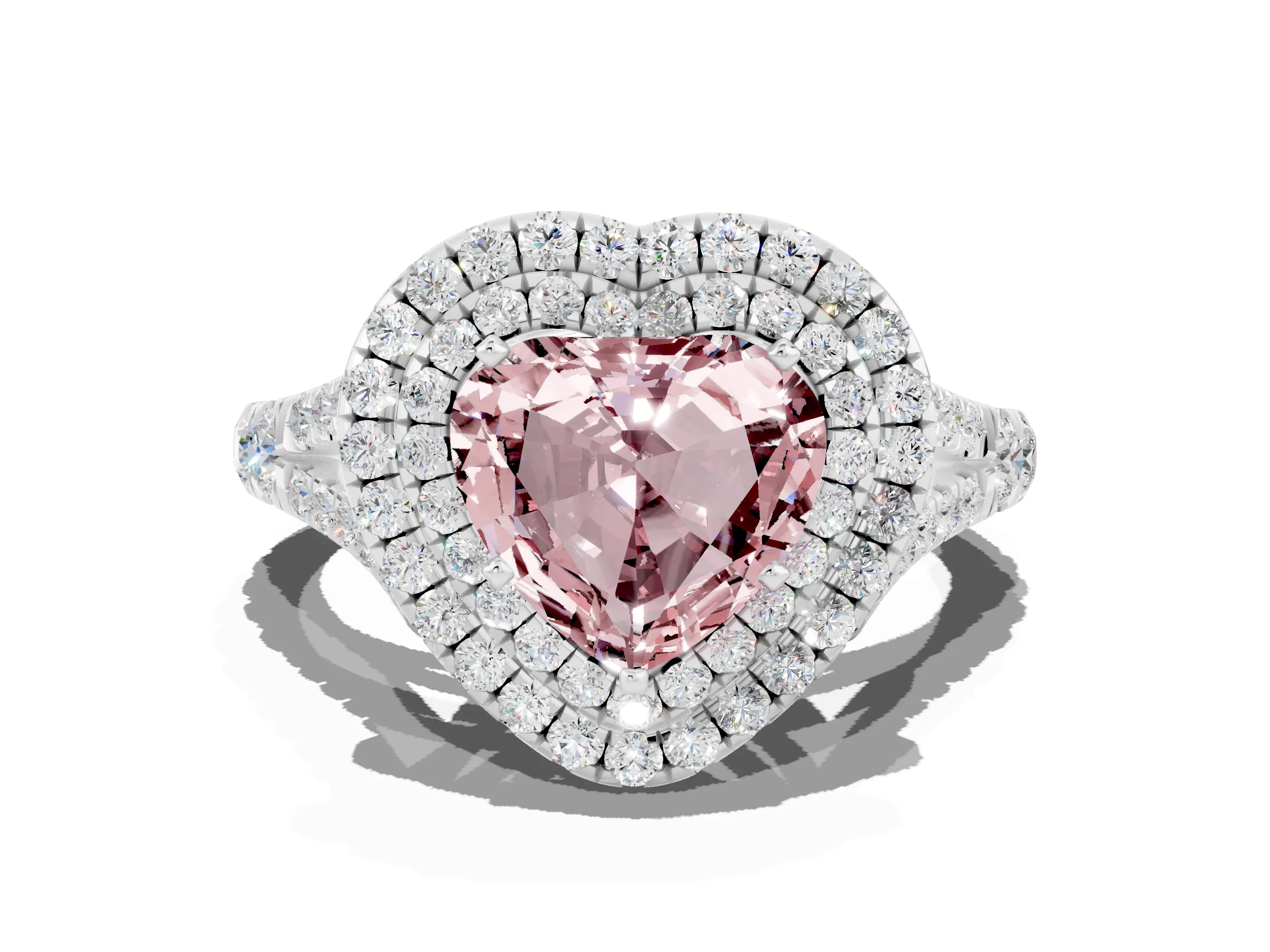 White gold Double Halo Heart Cut Morganite Pavé Split Shank Ring with Prong Setting