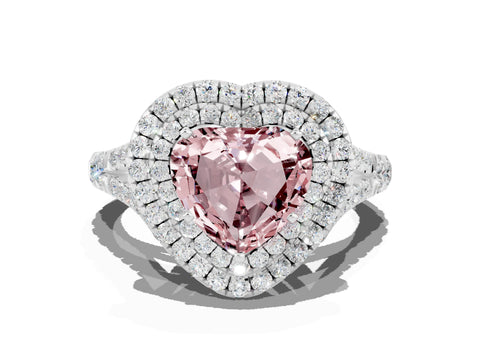 White gold Double Halo Heart Cut Morganite Pavé Split Shank Ring with Prong Setting