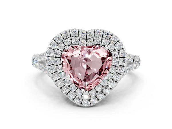Platinum Double Halo Heart Cut Morganite Split Shank Engagement Ring with Four-Prong Setting