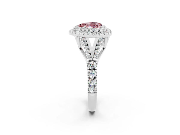 Platinum Double Halo Heart Cut Morganite Split Shank Engagement Ring with Four-Prong Setting
