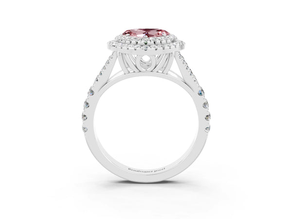 White gold Double Halo Heart Cut Morganite Split Shank Engagement Ring with Four-Prong Setting
