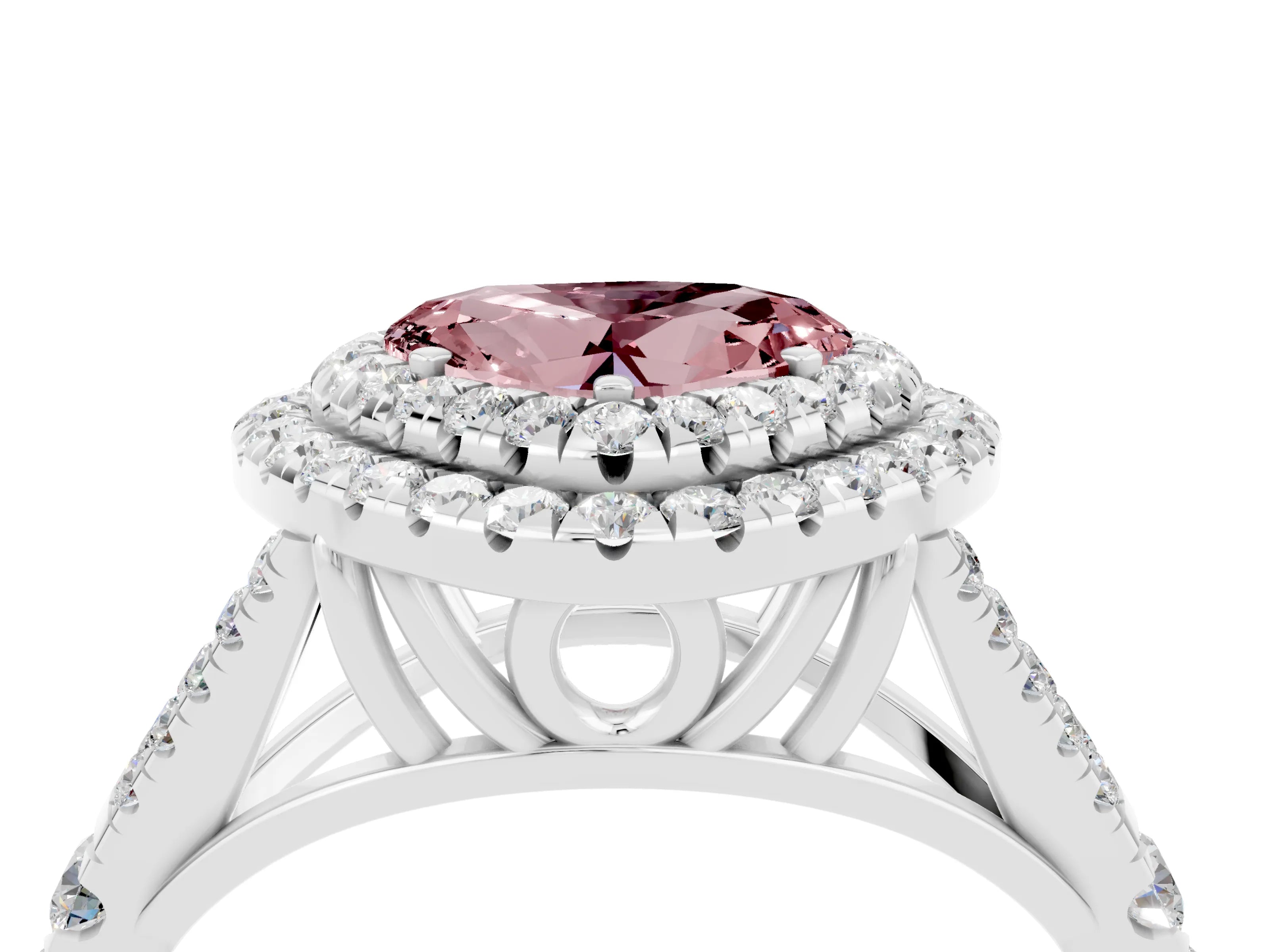 White gold Double Halo Heart Cut Morganite Split Shank Engagement Ring with Four-Prong Setting_4