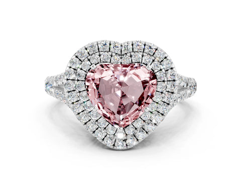 White gold Double Halo Heart Cut Morganite Split Shank Engagement Ring with Four-Prong Setting