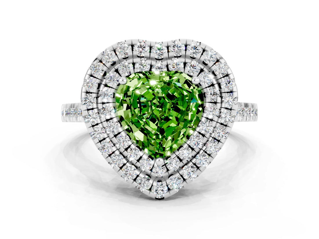 White gold Double Halo Heart Cut Peridot Pavé Band with Four-Prong Setting