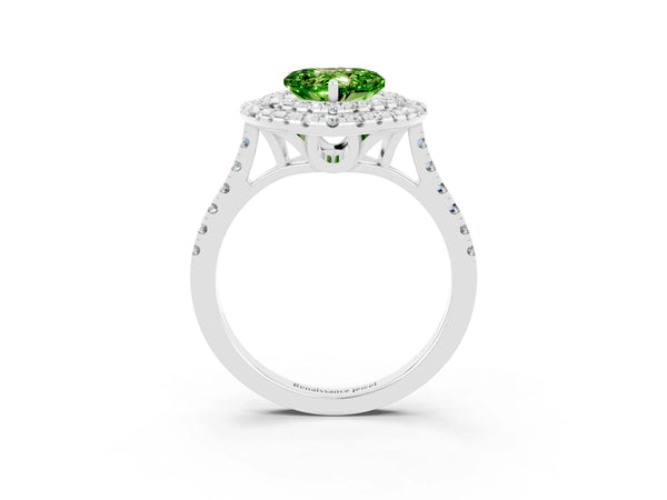 White gold Double Halo Heart Cut Peridot Pavé Band with Four-Prong Setting