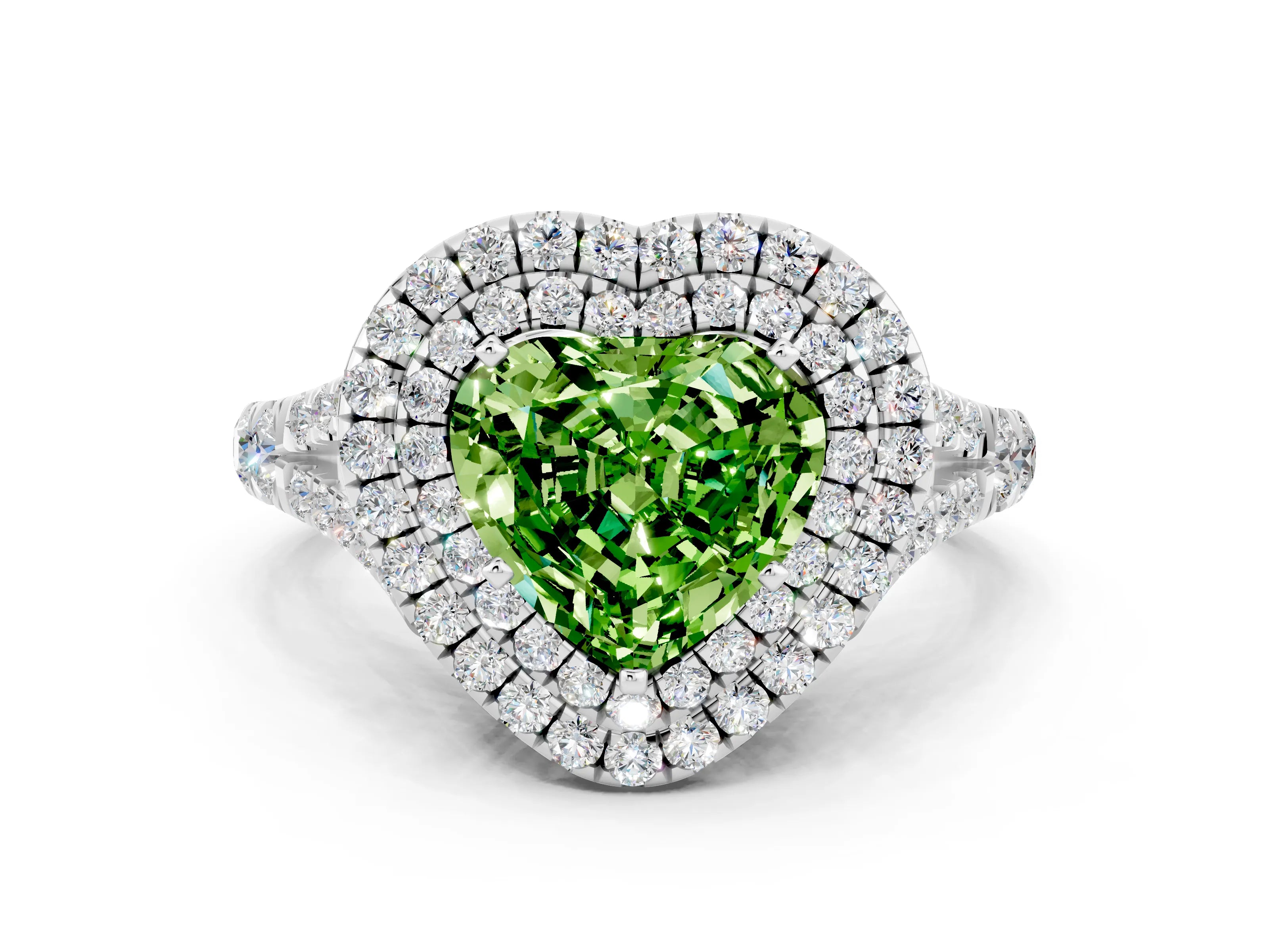 White gold Double Halo Heart Cut Peridot Pavé Split Shank Ring with Prong Setting