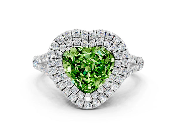 Platinum Double Halo Heart Cut Peridot Pavé Split Shank Ring with Prong Setting