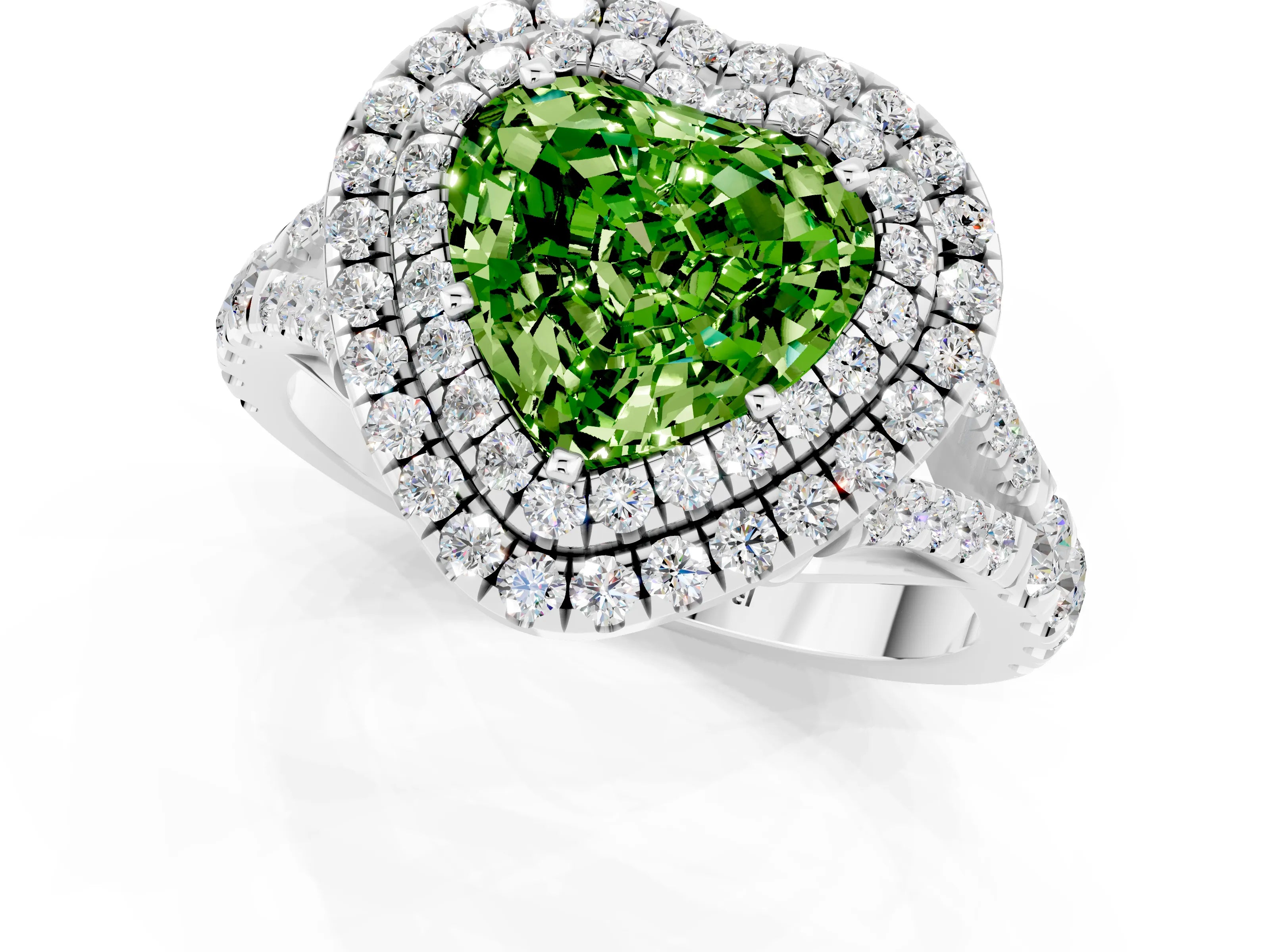 White gold Double Halo Heart Cut Peridot Pavé Split Shank Ring with Prong Setting_1