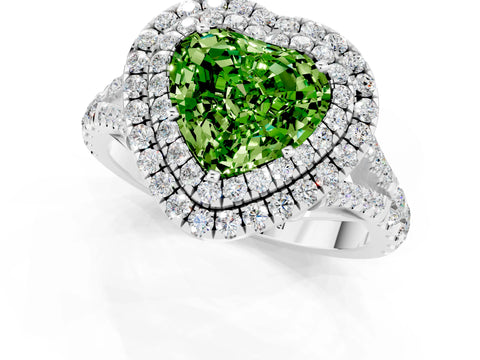 White gold Double Halo Heart Cut Peridot Pavé Split Shank Ring with Prong Setting_1