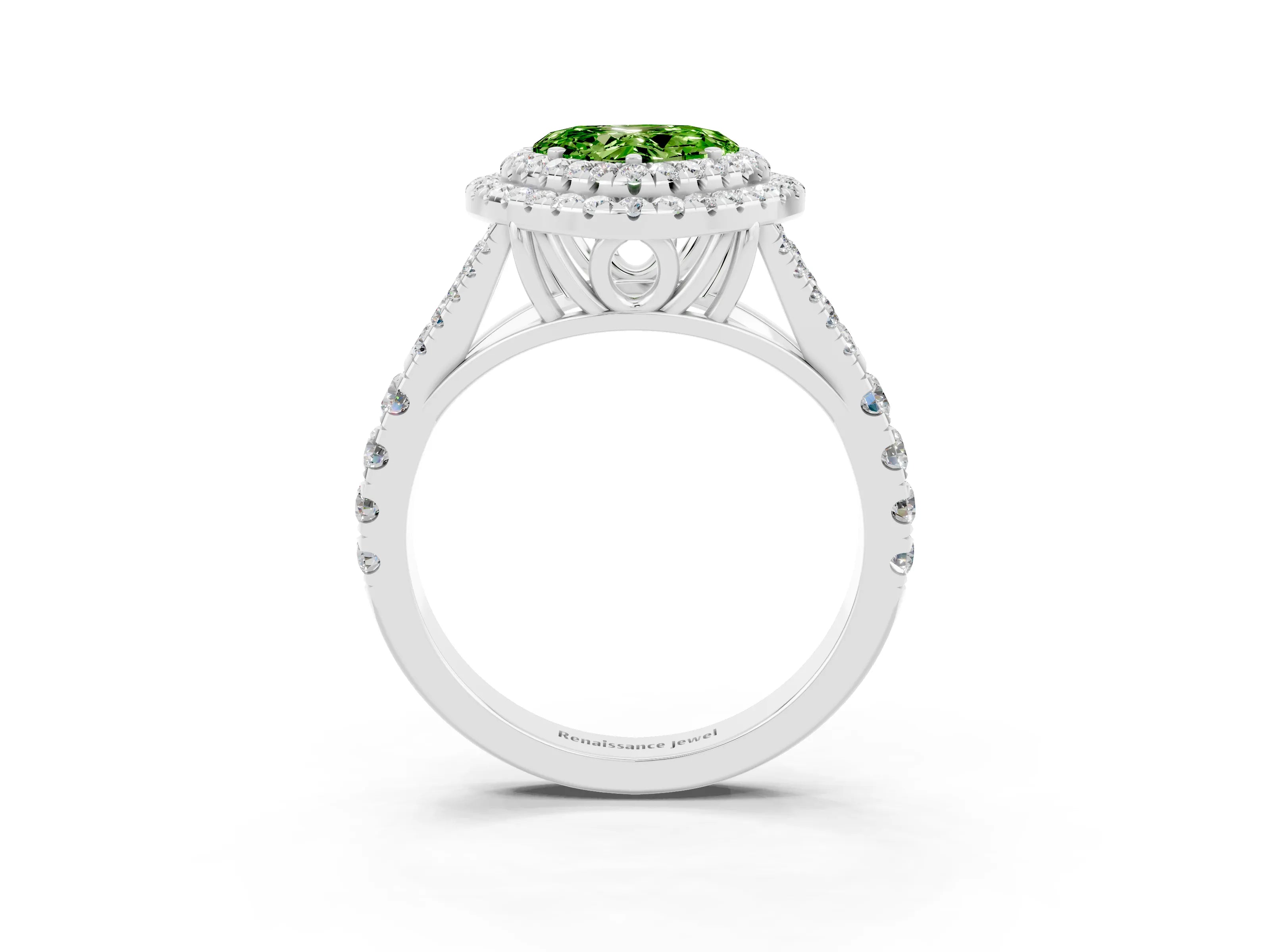 White gold Double Halo Heart Cut Peridot Pavé Split Shank Ring with Prong Setting_3