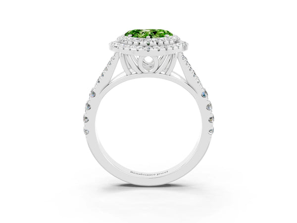 Silver Double Halo Heart Cut Peridot Pavé Split Shank Ring with Prong Setting