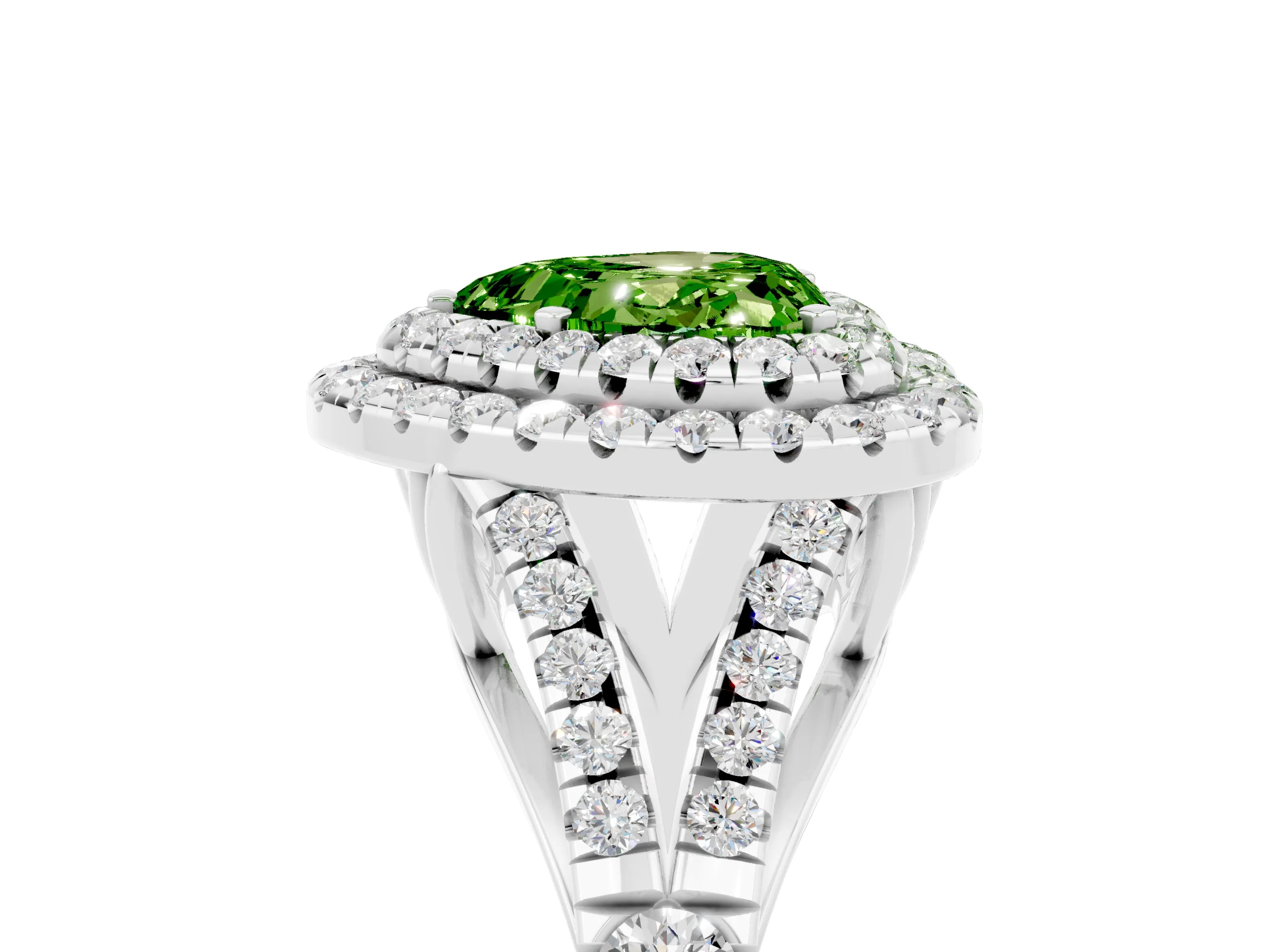 White gold Double Halo Heart Cut Peridot Pavé Split Shank Ring with Prong Setting_5
