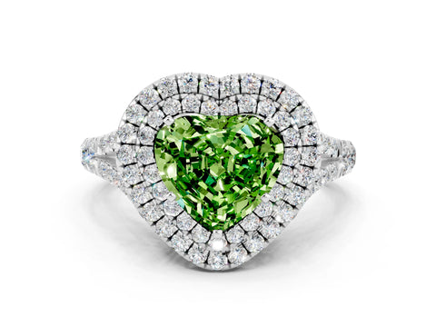 White gold Double Halo Heart Cut Peridot Pavé Split Shank Ring with Prong Setting