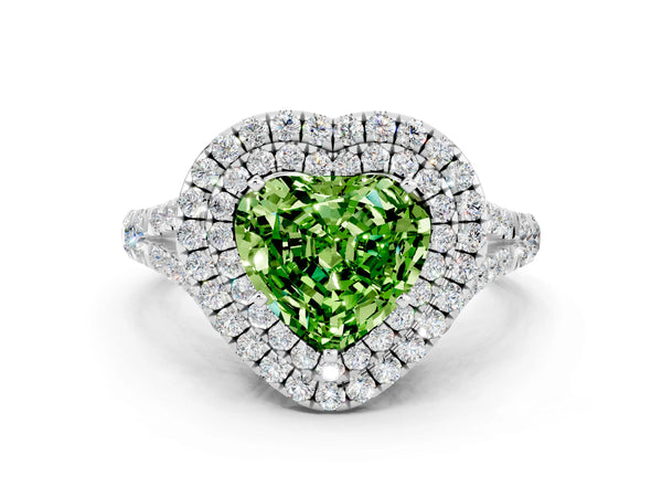 Platinum Double Halo Heart Cut Peridot Split Shank Engagement Ring with Four-Prong Setting