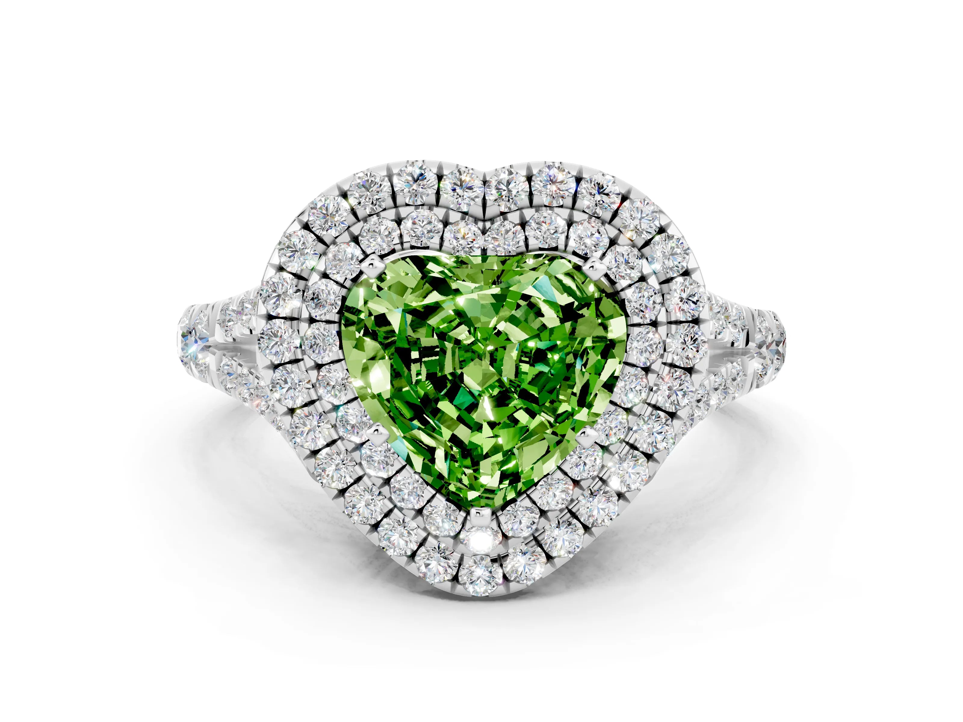 White gold Double Halo Heart Cut Peridot Split Shank Engagement Ring with Four-Prong Setting