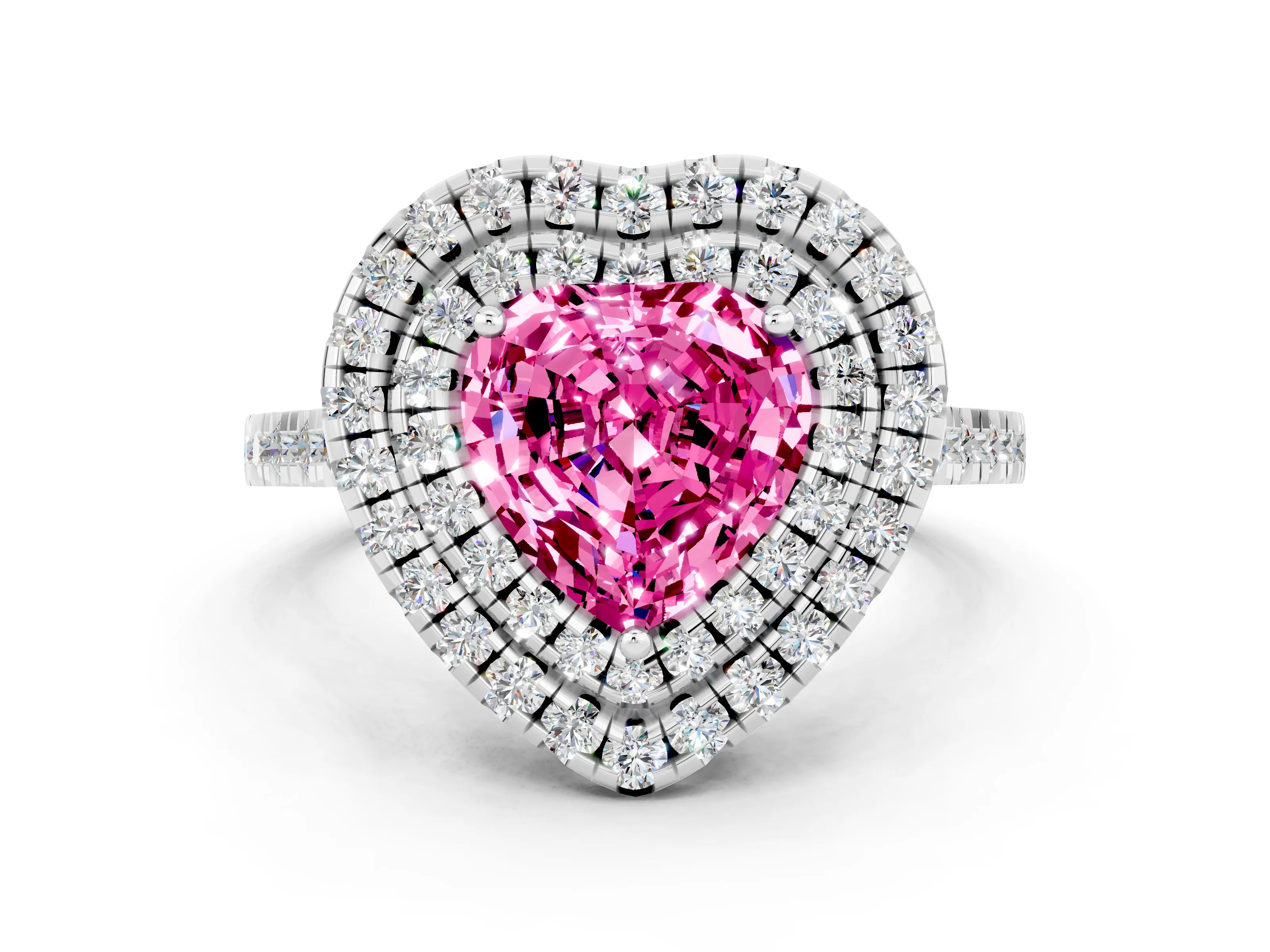 White gold Double Halo Heart Cut Pink Sapphire Pavé Band with Four-Prong Setting_24