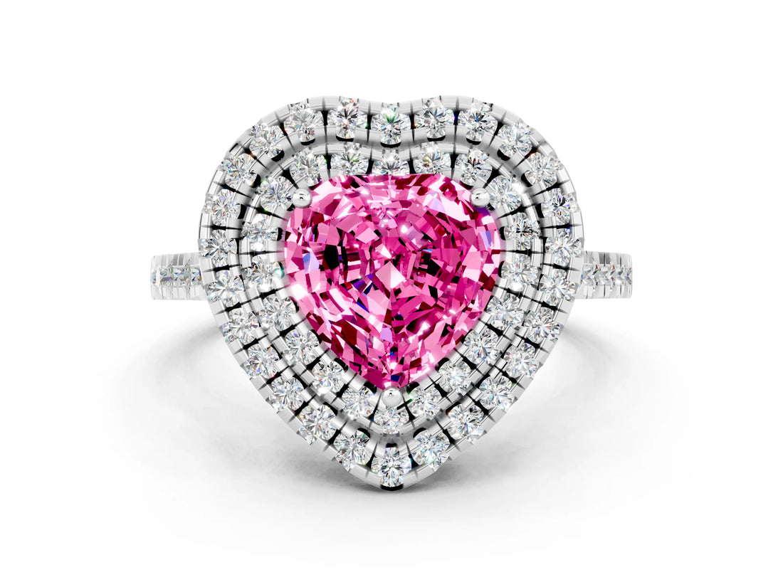 White gold Double Halo Heart Cut Pink Sapphire Pavé Band with Four-Prong Setting_24