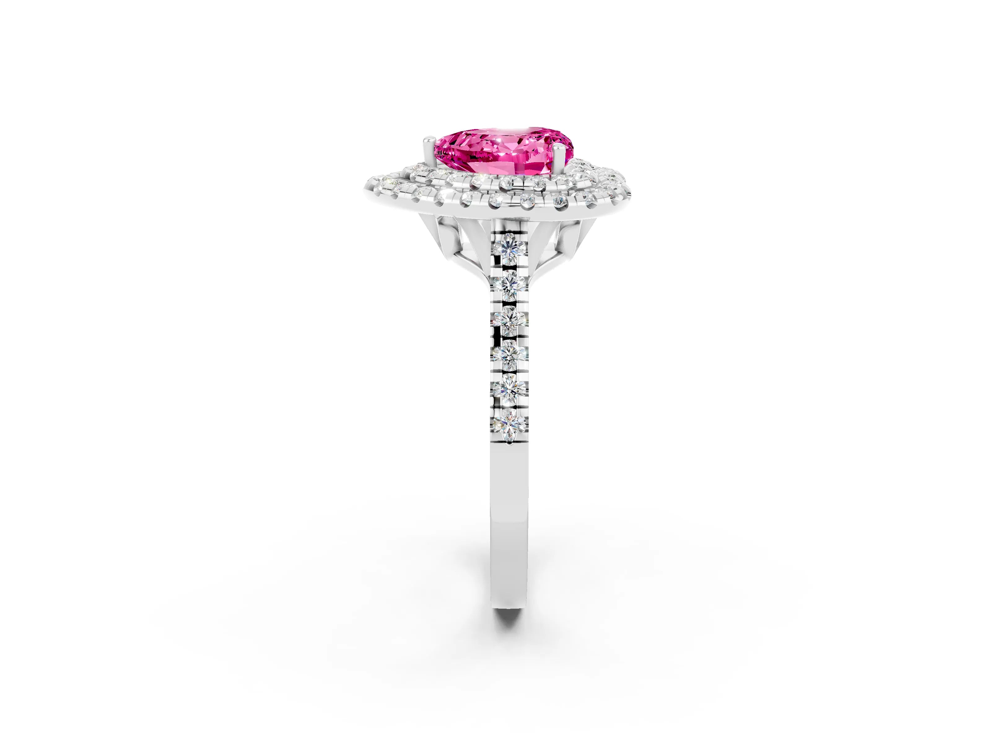 White gold Double Halo Heart Cut Pink Sapphire Pavé Band with Four-Prong Setting_26