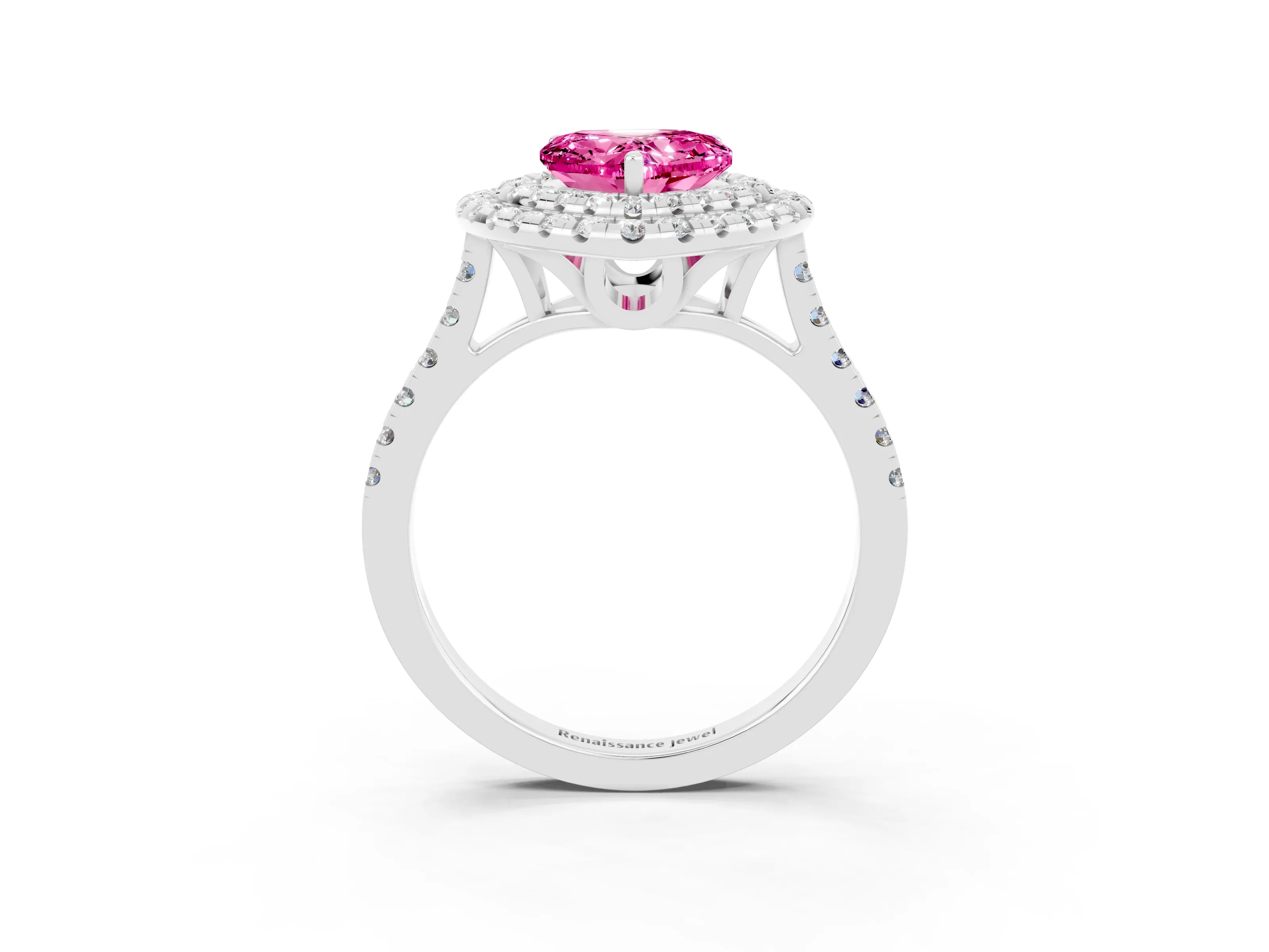 White gold Double Halo Heart Cut Pink Sapphire Pavé Band with Four-Prong Setting_27