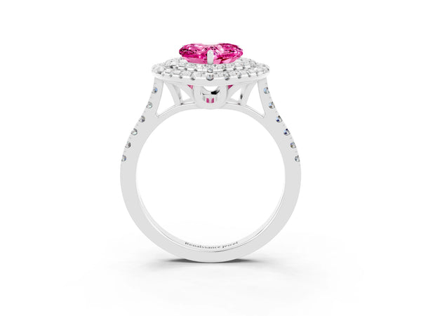 White gold Double Halo Heart Cut Pink Sapphire Pavé Band with Four-Prong Setting