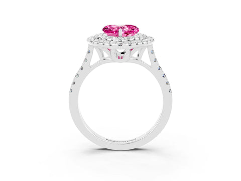 White gold Double Halo Heart Cut Pink Sapphire Pavé Band with Four-Prong Setting_27