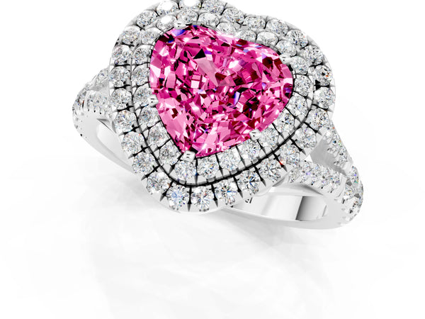 White gold Double Halo Heart Cut Pink Sapphire Pavé Split Shank Ring with Prong Setting