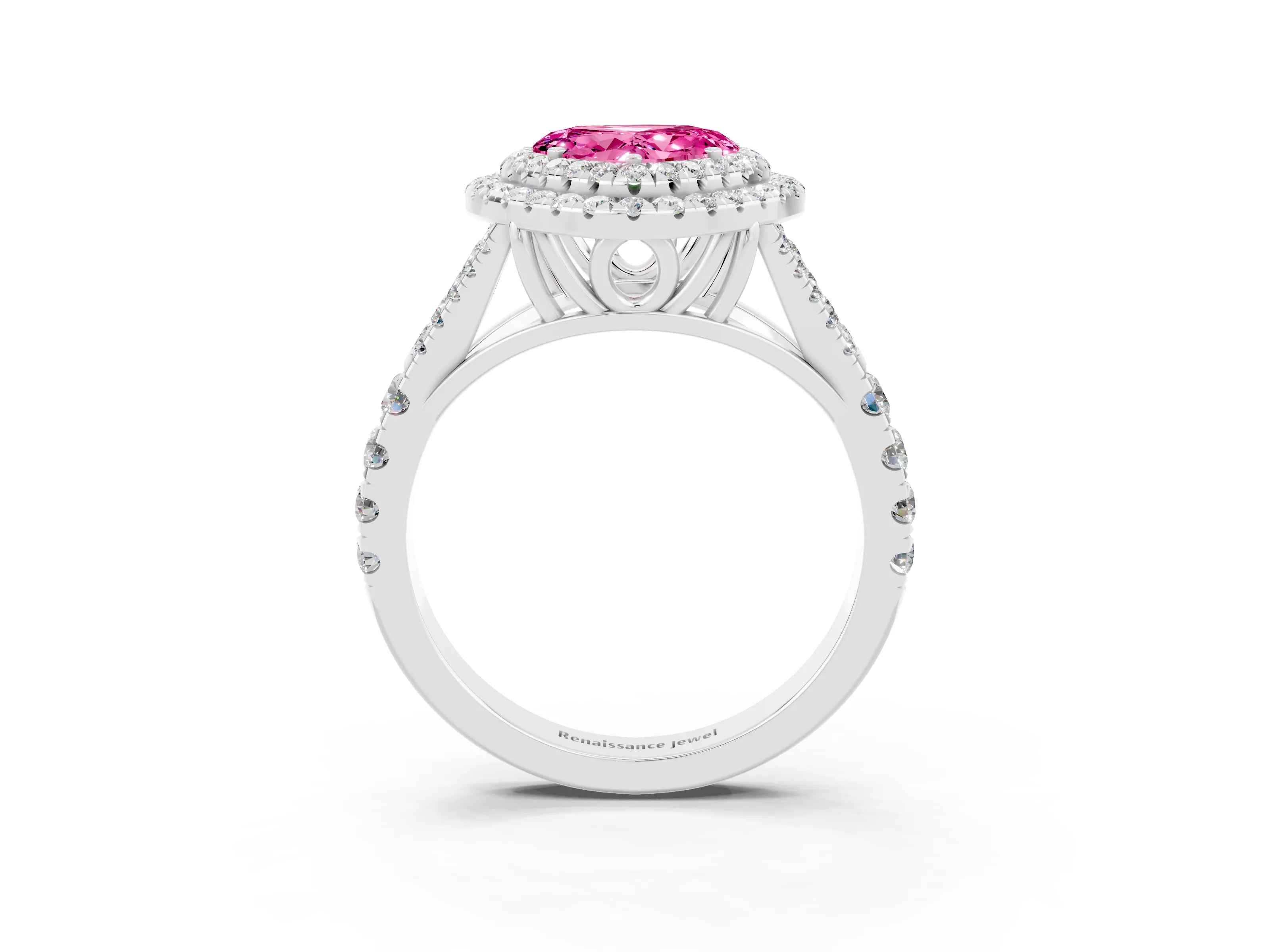 White gold Double Halo Heart Cut Pink Sapphire Pavé Split Shank Ring with Prong Setting_3