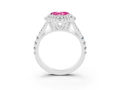 White gold Double Halo Heart Cut Pink Sapphire Pavé Split Shank Ring with Prong Setting_3