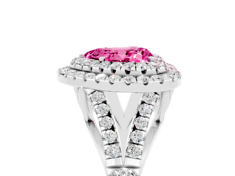 White gold Double Halo Heart Cut Pink Sapphire Pavé Split Shank Ring with Prong Setting_5