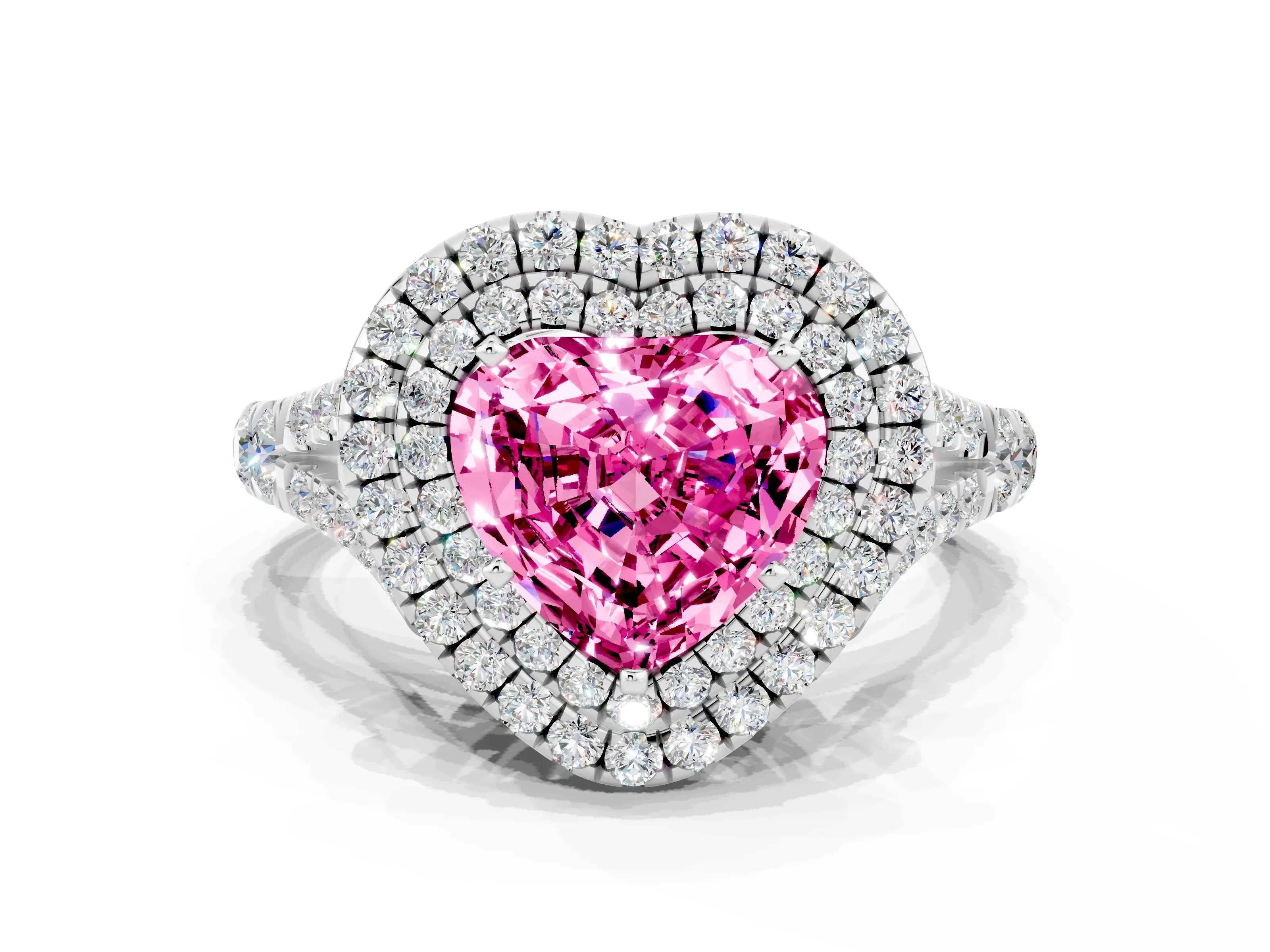 White gold Double Halo Heart Cut Pink Sapphire Pavé Split Shank Ring with Prong Setting