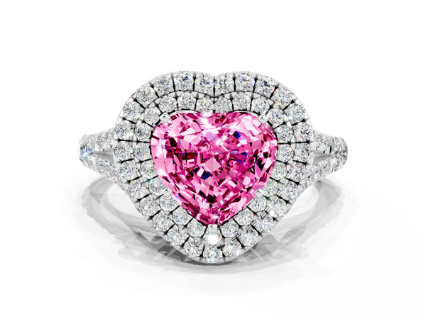 Silver Double Halo Heart Cut Pink Sapphire Pavé Split Shank Ring with Prong Setting
