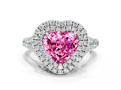 White gold Double Halo Heart Cut Pink Sapphire Pavé Split Shank Ring with Prong Setting