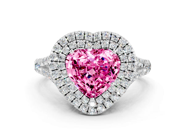 Platinum Double Halo Heart Cut Pink Sapphire Split Shank Engagement Ring with Four-Prong Setting