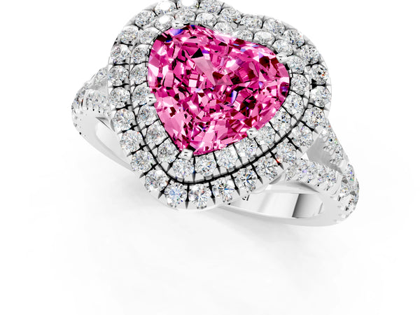 White gold Double Halo Heart Cut Pink Sapphire Split Shank Engagement Ring with Four-Prong Setting