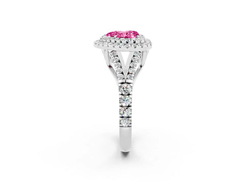 White gold Double Halo Heart Cut Pink Sapphire Split Shank Engagement Ring with Four-Prong Setting_2