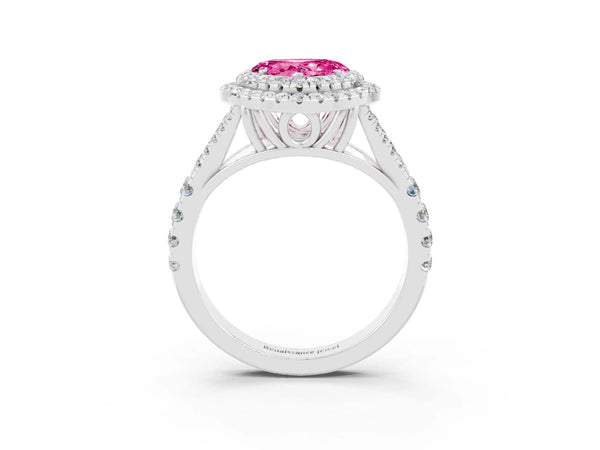 Silver Double Halo Heart Cut Pink Sapphire Split Shank Engagement Ring with Four-Prong Setting
