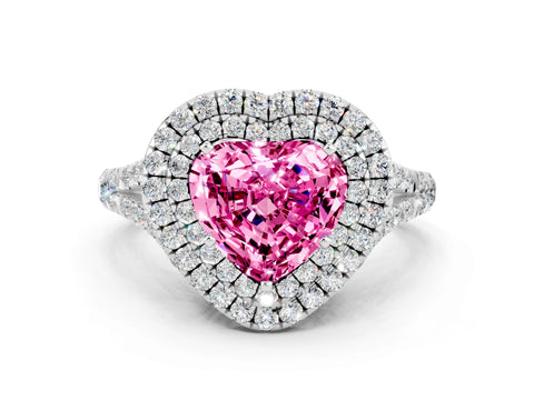 White gold Double Halo Heart Cut Pink Sapphire Split Shank Engagement Ring with Four-Prong Setting