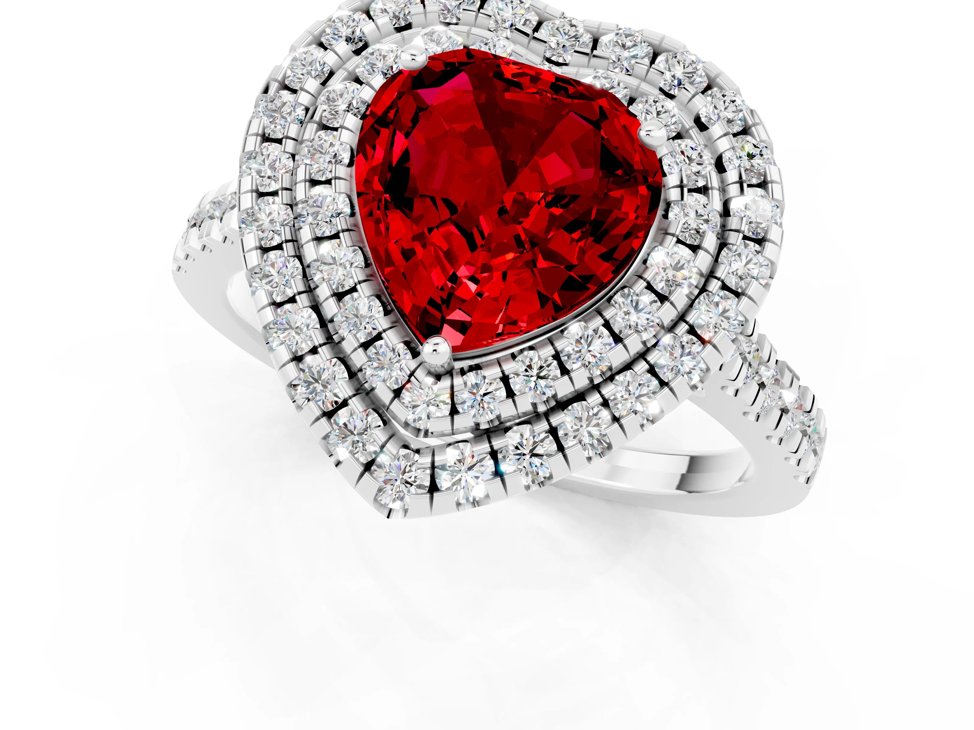 White gold Double Halo Heart Cut Ruby Pavé Band with Four-Prong Setting_1