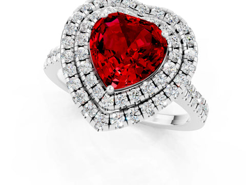 White gold Double Halo Heart Cut Ruby Pavé Band with Four-Prong Setting_1