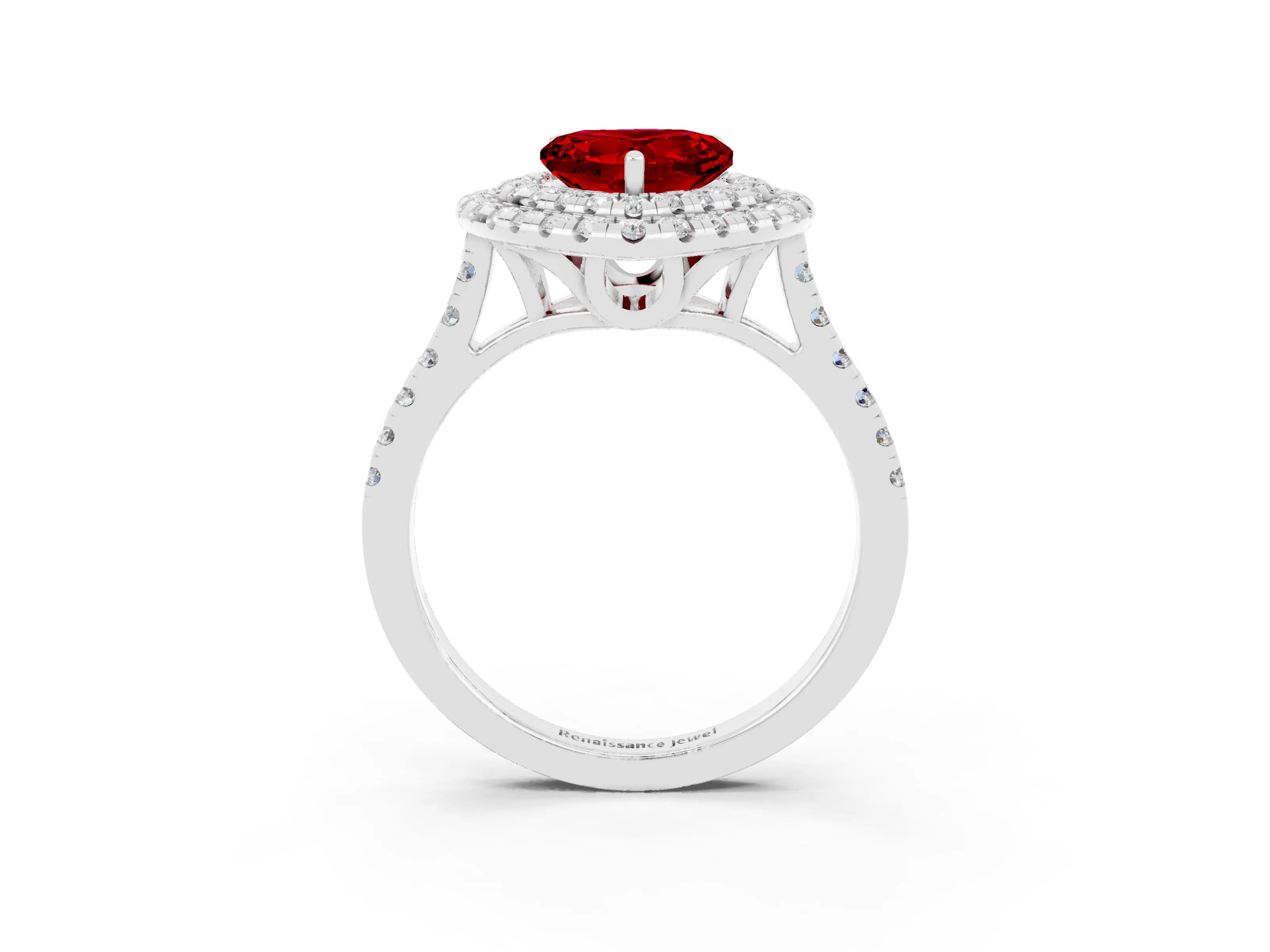 White gold Double Halo Heart Cut Ruby Pavé Band with Four-Prong Setting_3